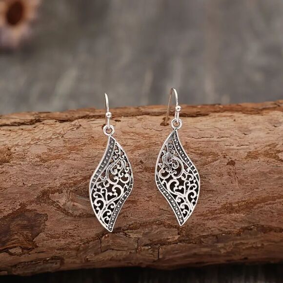 Silver Wavy Filigree Dangle Drop Earrings Retro Style Flower Fashion Jewelry New - Picture 3 of 5
